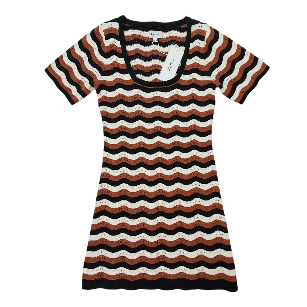 Rhythm Venice Knit Mini Dress Womens Small Brown Short Sleeve Earthy Beach Boho